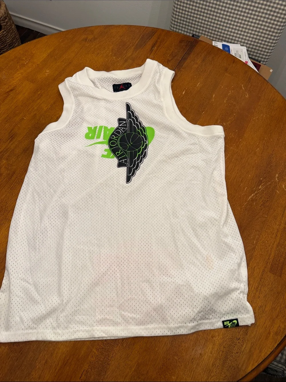 Jordan White Mesh Tank Top with Black and Neon Green Logo xl